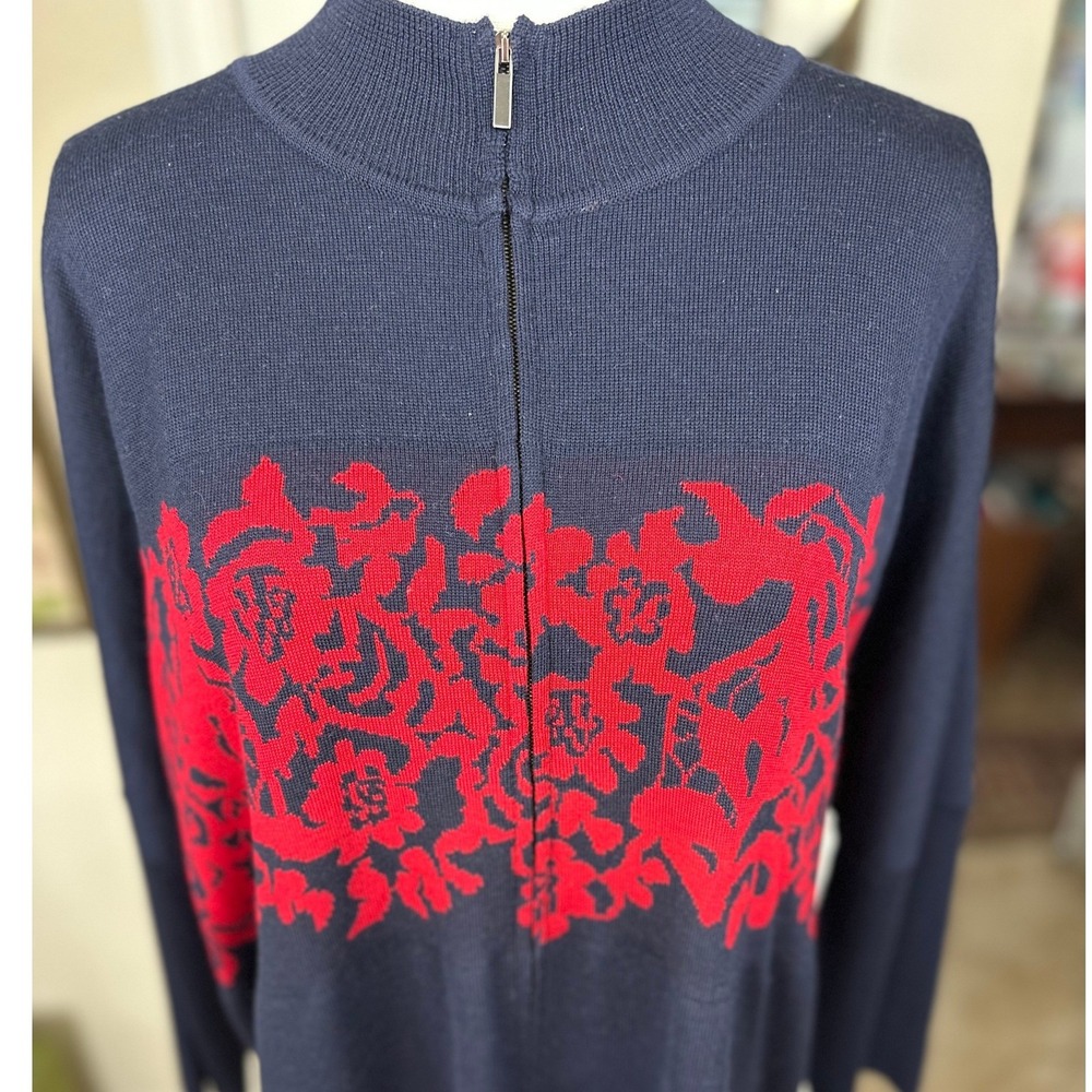 St. John NWT SZXL‎ Zip Front Cardigan Navy Blue Floral Intarsia Mock Neck Wool - Picture 6 of 15